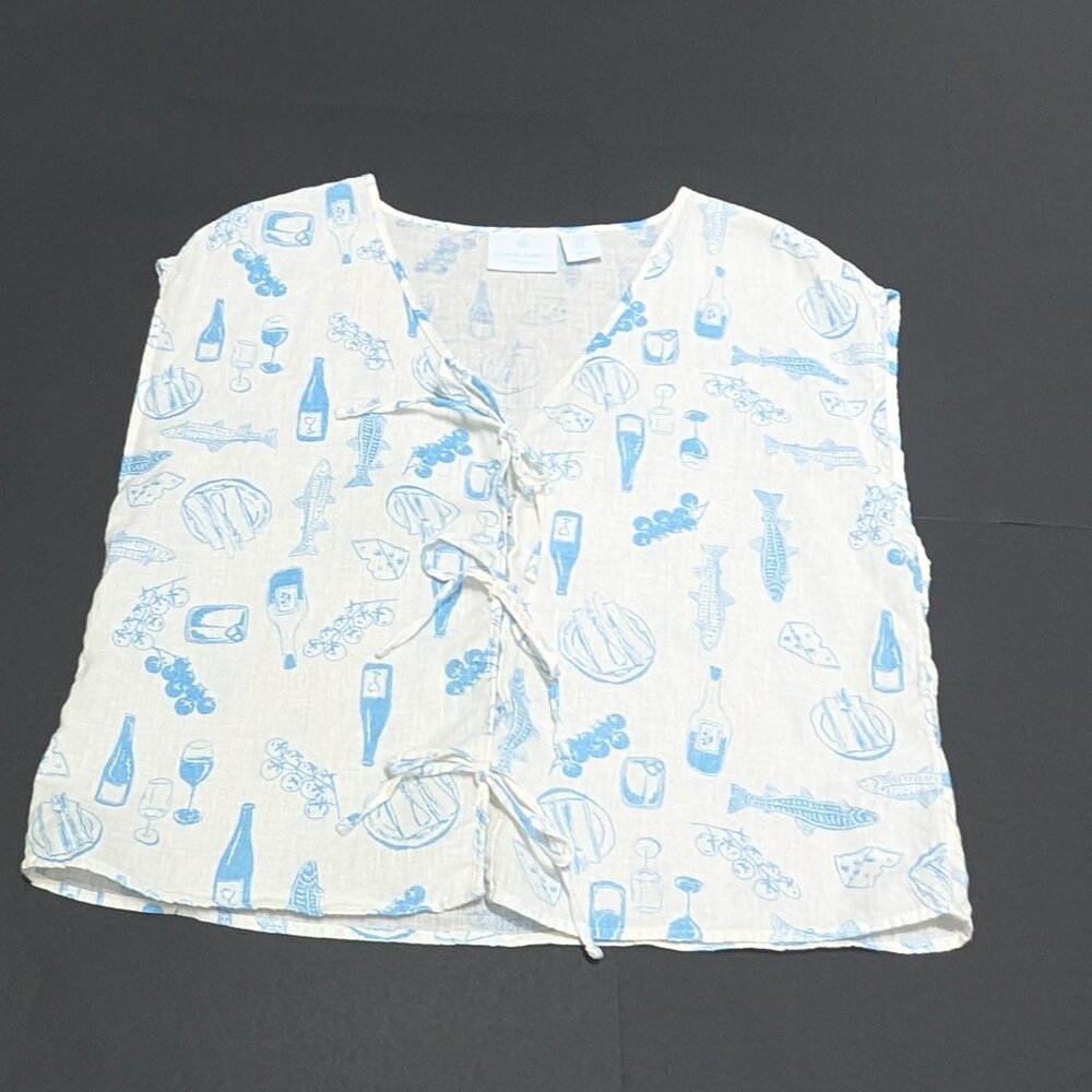 Cynthia Rowley 100% Linen Fresco White & Blue Tie-Front Blouse, Size M